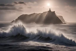 A rugged island eroded by relentless waves, seabirds soar above the island, mist swirling along the horizon, natural lighting , hq photography, golden hour