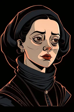 A portrait of a 30-years old aristocrat woman from XV century in strict dark clothes, authoritative, cold, emotionless, in the style of Genndy Tartakovsky's cartoons, uncovered head