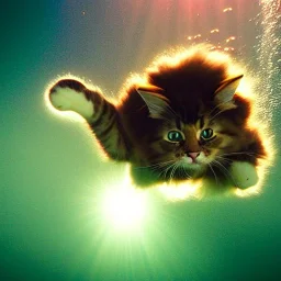 Cute fluffy kitty diving underwater in an ocean, gorgeous light shafts, beautiful, colorful, happy