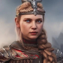 highly detailed girl viking queen portrait, red glass armor, blue delicate braided hair, cinematic lighting, 4k, 8k, octane render, digital concept art, trending on artstation, pinterest, extremely detailed, ambient lighting.