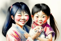 A cute smiling asian girl is holding a kitten. Watercolour