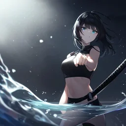 Clear focus,High resolution, black short fluffy hair, long fluffy bangs, and dark blue eyes, Depressed girl, wearing a black short shirt with a black sleeveless crop top, dark aura, controlling water, in a black room, holding a katana