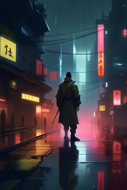 A rainy cyberpunk night in the business district of a large city in Asia, in an impressionist style. The hero can be seen trudging along with his samouraï sword in his belt