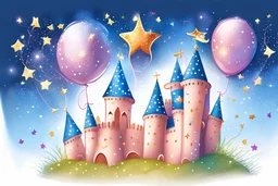 a sparkling star, a castle, elements like balloons and confetti. children book style illustration. realistic