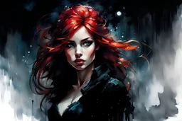 Graphic Novel Full Body Portrait Of Disney Ariel, Gorgeous Red Hair, Big Wide Set Eyes, Cute Nose, Big Pouty Lips, Unique Moody Face, dressed goth, At Night, Cinematic Detailed Mysterious Sharp Focus High Contrast Dramatic Volumetric Lighting :: dark mysterious esoteric atmosphere :: digital matt painting by Jeremy Mann + Carne Griffiths + Leonid Afremov, black canvas, dramatic shading, detailed face