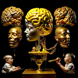 a huge golden brain supported by very small beautiful Asian female human bodies, Communist propaganda slogan banner,complex surgical instruments,a newborn boy between light and shadow, black background,surrealism, symbolism, minimalism, sculpture by Lucian Freud, Rene Magritte, Salvador Dali