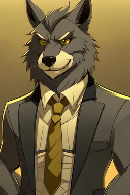 Buff anthro wolf himbo with black fur and gold eyes wearing a suit