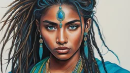 acrylic illustration, acrylic paint, oily sketch, Protrait, photograph, androgynous hunnuman, oval jaw, delicate features, beautiful face, dreadlocked hair, long bangs, long ponytail, bright blue-green detailed eyes, hindu art