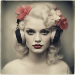 Grunge Polaroid head shot of doll-faced jean harlow, natural pouty lips, red nose, hair adorned with flowers, rosy cheeks and rosy nose, headphone