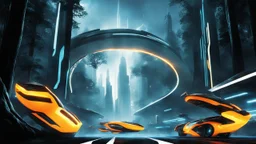 tron legacy movie, creatures,, space ships, city of the future, trees , forest, yellow, blue, red, orange