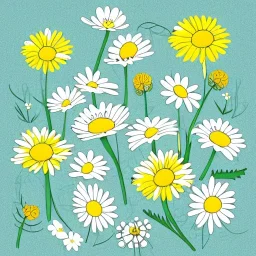 whimsical illustration of a bouquet of white and yellow daisies, digital illustration, soft colors, fine lineart, vector art, photoshop, plain solid color background, minimalist art, cottagecore