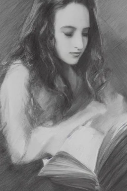 Pencil sketch of Young woman, Arab features,sad, long wavy hair, reading a book, full body، on lined paper