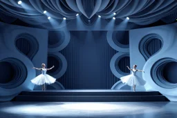 modern stage with gray-blue theme artistic decoration , color full dynamic lighting, a beautiful 3 ballerinas dancing, 3D recursive fractal structure animating background