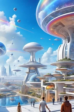 ville futuriste ultra moderne, ufos, rainbows,intergalactic city