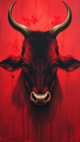 Bosch style painting , A shadow of a spirit inside a bloody red cow head with eyes open wide details on red bloody background