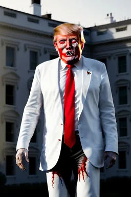 Ultra realistic image, Donald trump zombie, zombie performance, suit, skull, blood, torn arm, night, walking twisted, waist up view, thriller style, dark ambient, highly detailed, White House background, concept art, unreal engine 5, ray tracing, RTX, ultra detail, volumetric lighting, high definition, high resolution.