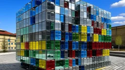 A CONSTRUCTION THAT MIXES HOLLOW CUBES WITH GLASS SPHERES INHABITED BY DIVERSE PEOPLE