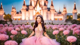 A gorgeous smiling Asian model in a fairy outfit in a field of flowers at sunset a crystal castle at background