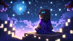 Minecraft Character, minecraft theme, purple starry sky, meditating, aesthetic, facing back, wearing gown, chinese theme