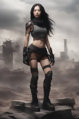 Aji Danajiu black hair, wearing superhuman clothes, standing on top of a pedestal in a post-apocalyptic wasteland