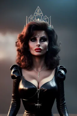 young sophia loren as evil queen in black leather, angry, stern look, volumetric lighting, particales,highly detailed,cinematic, deep colours,8