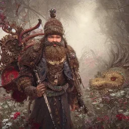 Insanely detailed photograph of an “warrior santa” with intricate detailed beard, intricate embroidered clothing, hyperdetailed painting by Ismail Inceoglu Huang Guangjian and Dan Witz CGSociety ZBrush Central fantasy art album cover art,8K, hdr, romantic, mysterious, ominous, flowers, jewelry, steam,oil,cafe,street vendor,steamship,D&D