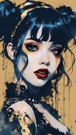 Poster in two gradually, a one side malevolent goth vampire girl face and other side the Singer Melanie Martinez face, painting by Yoji Shinkawa, darkblue and gold tones,