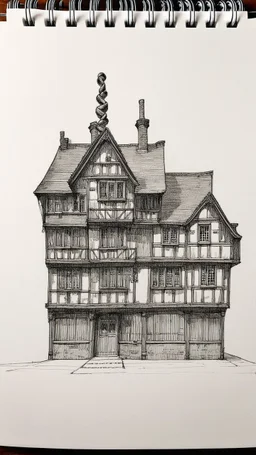 technical drawing pencil sketch front elevation of a row of skeletal multtechnical line drawing of the front elevation of a tall, narrow, warped, fantasy Tudor building, with twisted chimneys, rooms and floors added to sides and roofs, like the warren.i-story fantasy tudor buildings