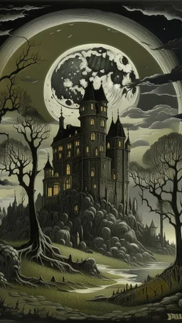 A black moldy castle under the moon painted by Edward Hicks