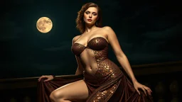 Lady of perfect proportions in a nocturnal scene, sculptural body with sublime anatomy, dress adorned with iridescent sequins, alabaster skin under the light of the full moon, pose inspired by Spanish court portraits, nocturnal aristocratic atmosphere, classic realism style