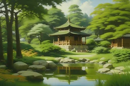 Japanese Garden Oasis: Oil paintings showcasing serene Japanese garden scenes, featuring lush foliage, tranquil ponds, and traditional architecture reminiscent of a modern white blocky hotel.