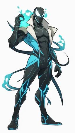 Mix between genji and venom symbiote in solo leveling shadow style with neon glowing blue