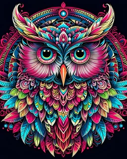 mandala style complex cute owl colorful page, vibrant color, clean black line, no break line, beautiful look, critical art, digital art, full page design, perfect composition, beautiful detailed intricate insanely detailed octane render trending on art station, photorealistic high resolution graphics, colorful and lighting, digital Art, color will be red, magenta gradient