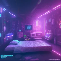 bedroom. dark sparkley cyberpunk style .neon lights