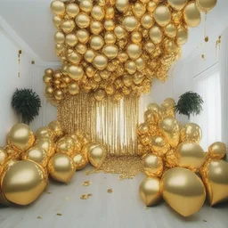 A picture of a room filled with gold party decoration. Include balloons, garlands, foil balloons