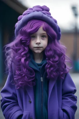 menina com um cabelo chanel de bico com um laco roxo grande na cabeca e roupa lilas