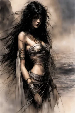 Hyper-photorealistic watercolor art style by Luis Royo & Stephan Martiniere, Surreal fine art etching of a figure by Luis Royo, tanned skin inscribed with the transient story of mortality, ethereal light playing with its form whispering tales of an eternal realm, eyes, black as the depths of the night, ardently pinand looking towards the endless skies, of black hair mirroring the mystery of the cosmos around, whole scene tinged with an ethereal softness from volumetric lighting, hues gr,