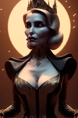 Constance Langdon as evil queen in black leather, leather, busty, cleavage, angry, stern look. character design by cory loftis, fenghua zhong, ryohei hase, ismail inceoglu and ruan jia. unreal engine 5, artistic lighting, highly detailed, photorealistic, fantasy