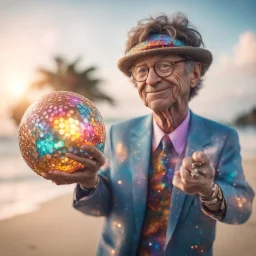 Bill Gates as hairy pimp groove funk kobold hippie holding disco ball on beach ,bokeh like f/0.8, tilt-shift lens 8k, high detail, smooth render, down-light, unreal engine