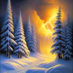 winter landscape with fox and blue storm clouds and lightening