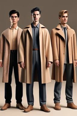 three men in different Balenciaga Superman's emblem clothing, beige tones, trenchcoats, fashion plates, modern designa, deconstructed tailoring, rendered in cinema4d –q 2 –ar 3:5