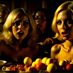 Horror movie shot, hot, ultra realistic, dine, horns, ultra chaos, realistic hot blonde women, party, pieces of meat, organs, hot dynamic, very excited people, hypermaximalist figures, light, 1970's Italian horror movie, sinister,, Dario Argento, Stanley Kubrik, ornate, 4k, photorealism