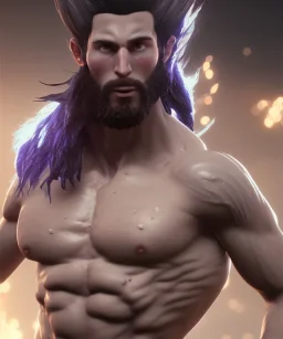  unreal engine 5, avatar, goku, white and purple lines hair, fighting pose, muscular body, shirtless, volumetric details, hyper realism