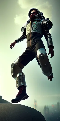 a full body portrait, cyberpunk warrior, wearing boots and helmet, jumping through the air in the style of Carlos Ortega Elizalde, Ahmad Merheb