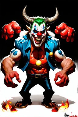 big demon, horns and big arms, wit a clown face painted, terroriffic