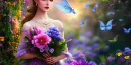 bright fairy, beautiful portrait, flowery landscape