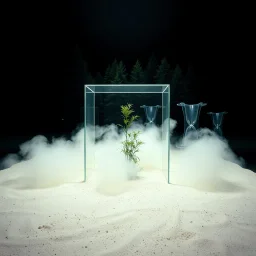 A photo of a closed environment in a dark closed space. In the background there is a forest. At the center, a structure made of glass. Some plastic. Plants, clouds. The surface below appears to be sandy, with small accumulations of sand. Fog, powder. In the background, other forms or structures are visible, some of which are thin and transparent. The photo was taken with a Hasselblad H6D 400c camera.