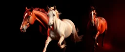 3 horses running towards the viewer, the left side horse veering to the left, the right side horse going to the right. red tones, black background