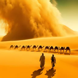 Create a double exposure photo, a spectacular wide shot of a Turag tribesman leading a caravan of camels, and a shot of a sandstorm coming out of a golden dune and raging in the Sahara desert, highly detailed, rental, Octane processing, 24K, cinematic