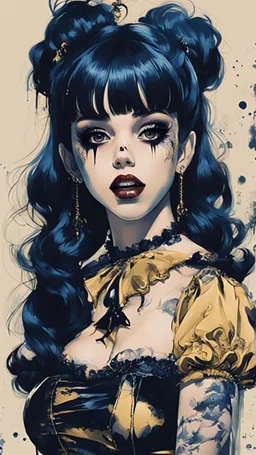 Poster in two gradually, a one side malevolent goth vampire girl face and other side the Singer Melanie Martinez face, full body, painting by Yoji Shinkawa, darkblue and gold tones,